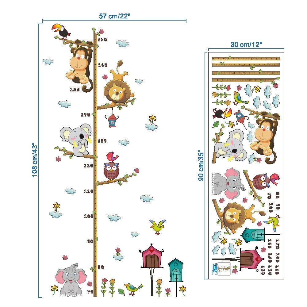 Cartoon Animals Height Measure Wall Sticker for Kids Rooms Growth Chart Nursery Room Decor Wall Art