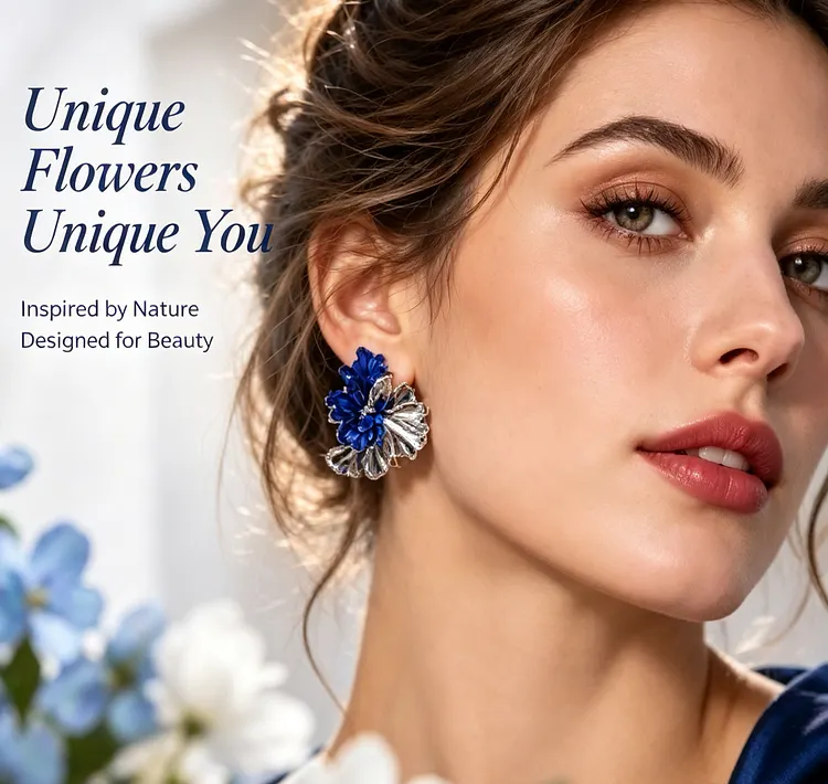 Blue & Silver Floral Statement Earrings for Women &ndash; Enamel Flower Stud Earrings, Artistic Vintage-Inspired Jewelry Gift