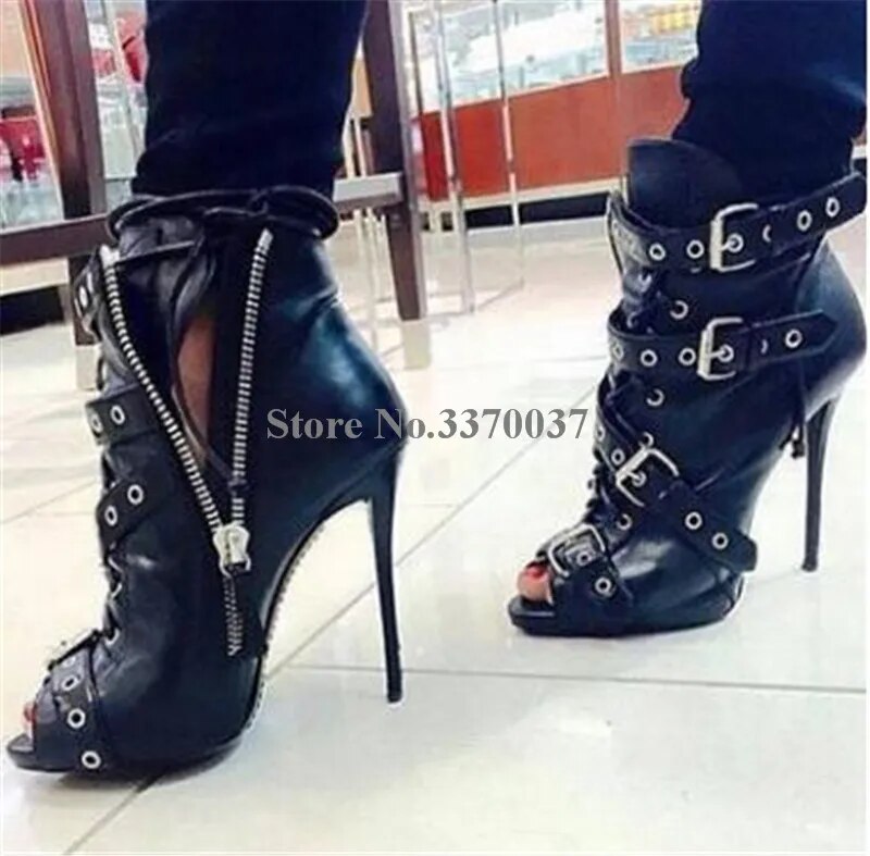 VCSHOES Women Style Peep Toe Black Leather Zipper-up Thin Heel Short Boots Buckles Rivet High Heel Ankle Boots
