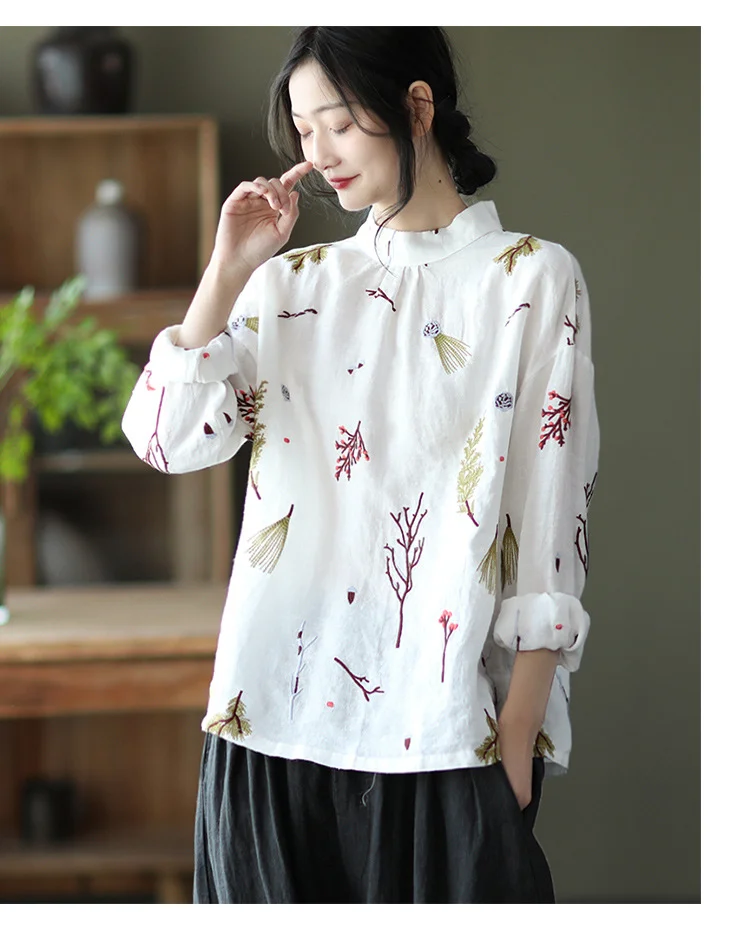 Classic Embroidery Long Sleeve Stand Collar Shirt - yankia