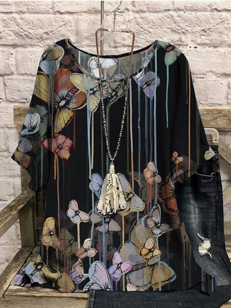 Women Half Sleeve Scoop Neck Graphic Floral Printed Black Women Tops