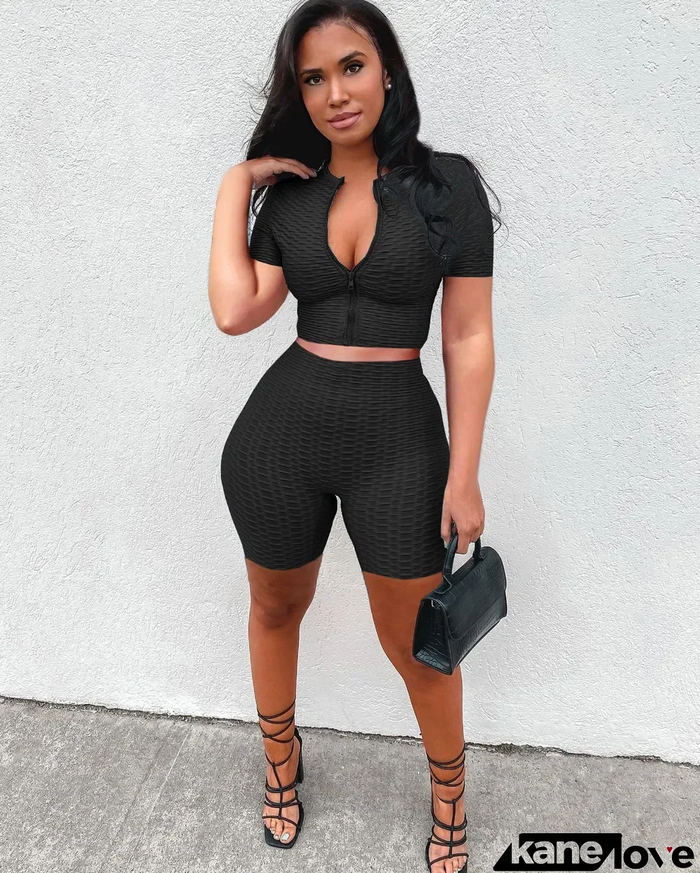 Solid Zipper Short Sleeve Top Shorts 2 Piece Sets