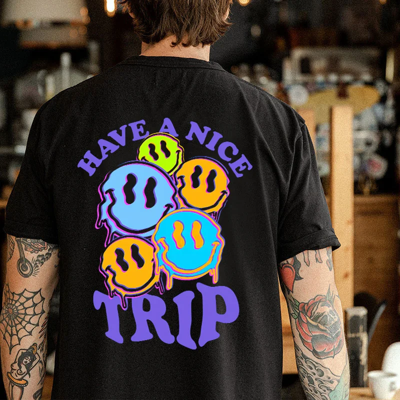 HAVE A NICE TRIP Emoji Graphic Black Print T-shirt