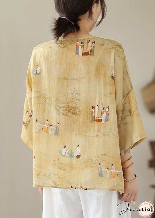 Loose Yellow O Neck Button Print Linen Shirts Batwing Sleeve