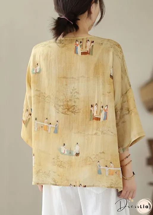 Loose Yellow O Neck Button Print Linen Shirts Batwing Sleeve