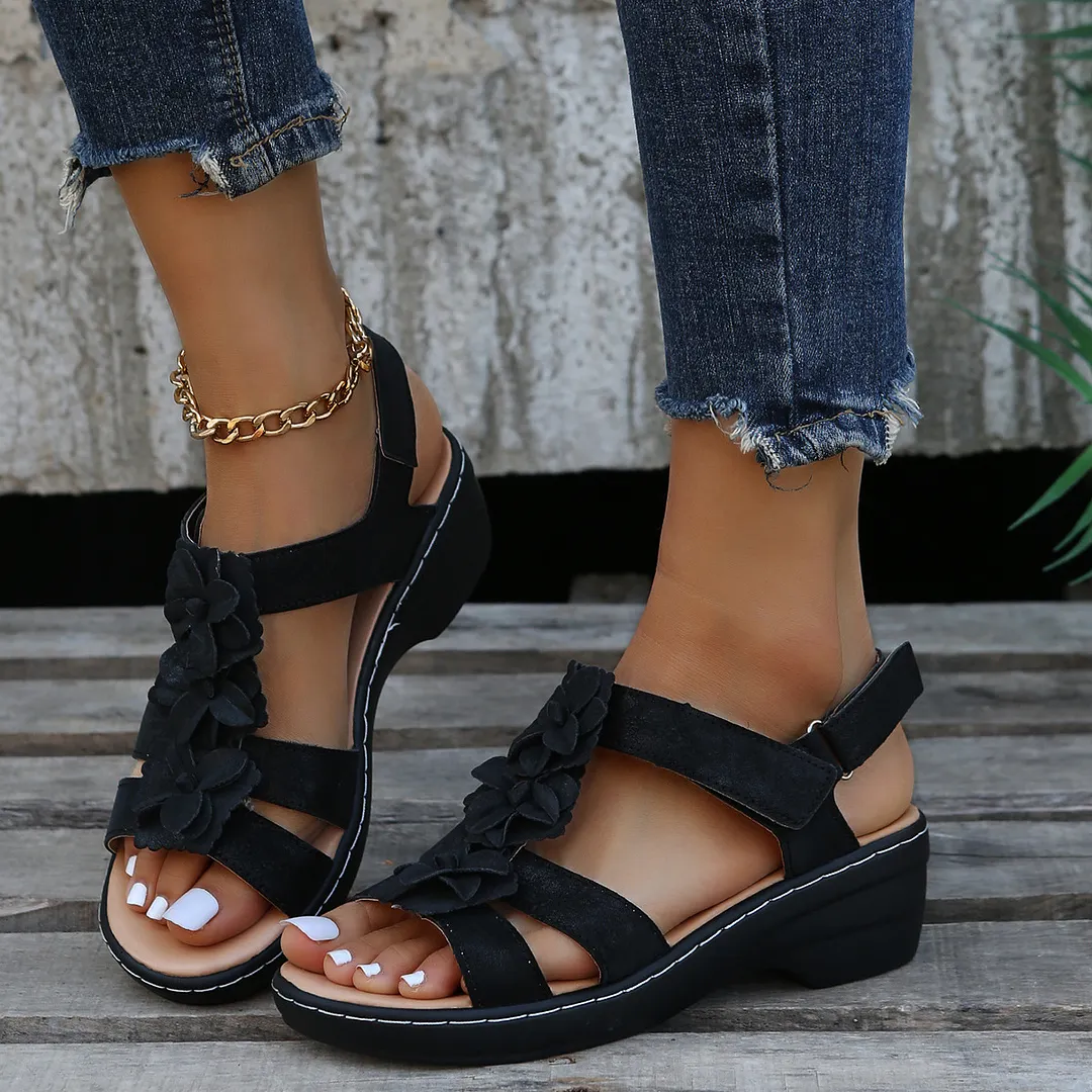 Breakj Breakj 2025 New Hollow Slope And Fish Mouth Flowers Leisure Comfortable Large Size Sandals Women