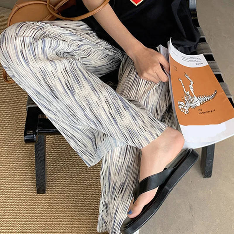 Churchf Summer Pleated Tie Dye Pants Women Korean Style Straight Wide Leg Trousers Woman High Waisted Streetwear Pants Feamle-Outfit Ideas