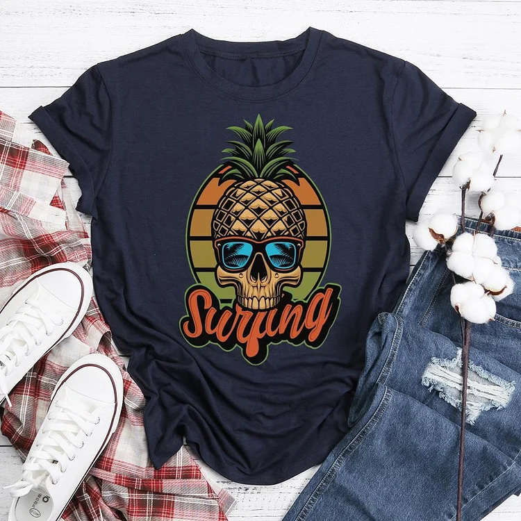 Pineapple skull with sunglasses Surfing With sunse  T-Shirt Tee-06083-Annaletters