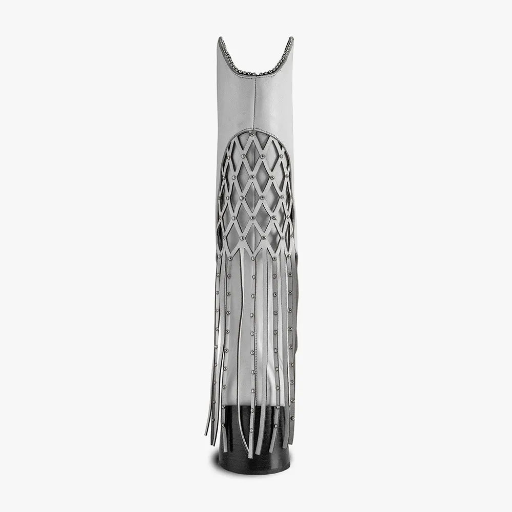 Fold Over Studded Fringe Knee High Light Grey Western Boots for Women
