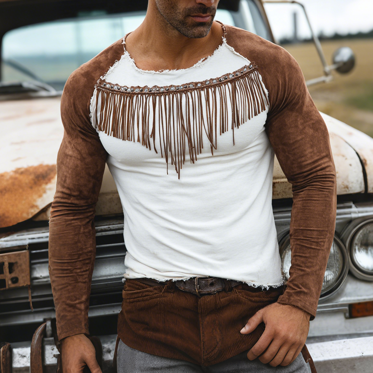 Vintage Cotton Fringe Long Sleeve Boho Shirt for Men - Western Inspired Loose Fit Top with Tassel Details