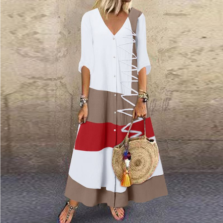 Fashion Patchwork Elegant Casual Print V Neck Maxi Dress