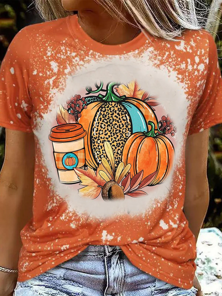 Fall Pumpkin Tie Dye Print Crew Neck T-Shirt