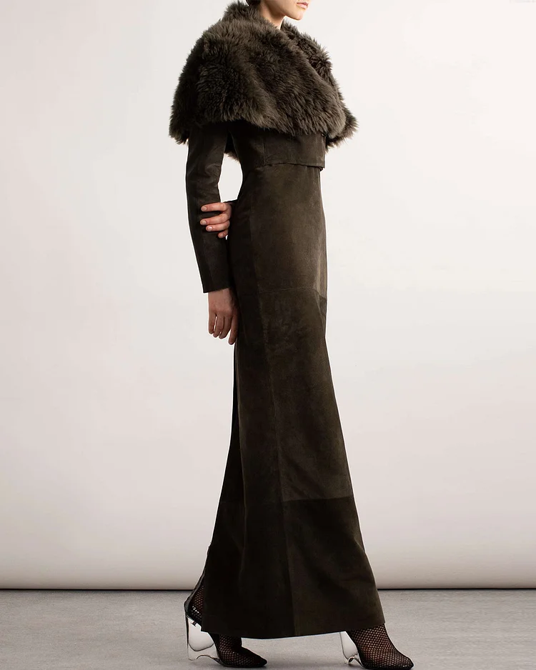 Cropped shearling and suede jacket and skirt two-piece set