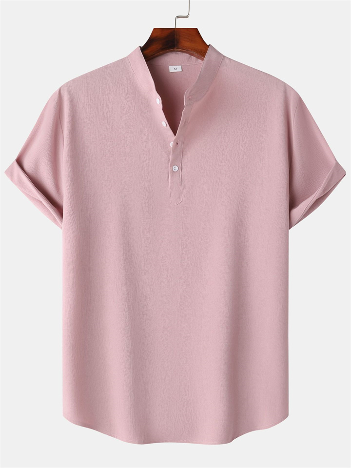 Men's Short-sleeved Pullover Shirt Solid Color Stand-up Collar Shirt Home Summer Loose Shirt