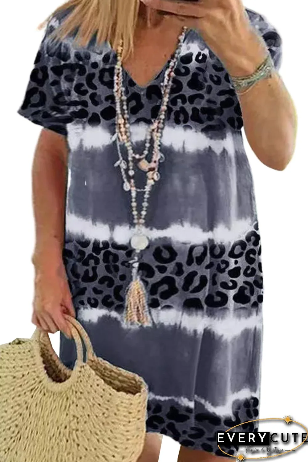 Leopard Color Block V Neck Plus Size T Shirt Dress