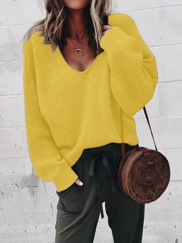 Simple Solid Color V-Neck Sweater Tops