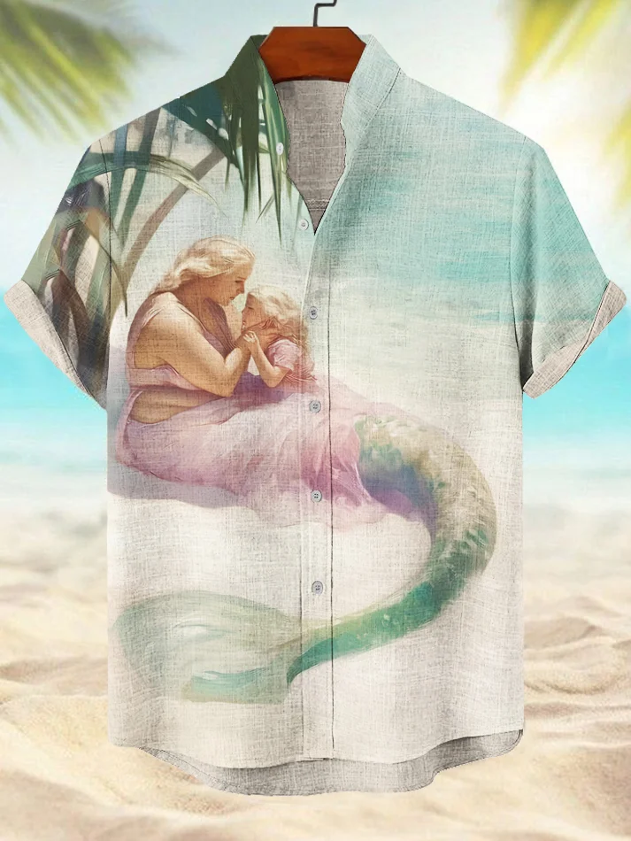 Men's Cute Fat Mermaid Print Short Sleeve Shirt