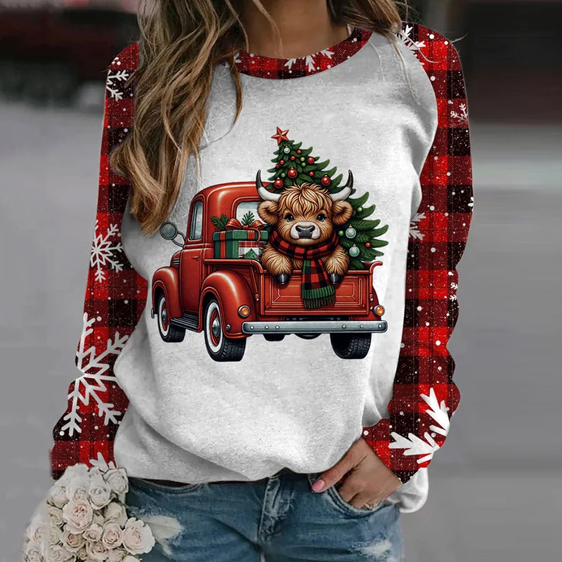 Christmas Highland Cow Print Crew Neck Sweatshirt