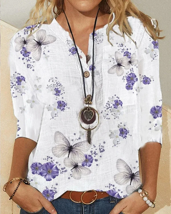 Floral Butterfly Printed Stand Collar Button 3/4 Sleeve Blouse