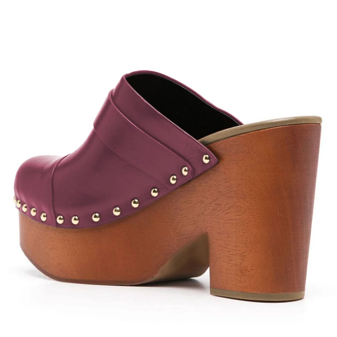 Purple Round Toe Buckle Strap Platform Womens Mules Shoes with Studs