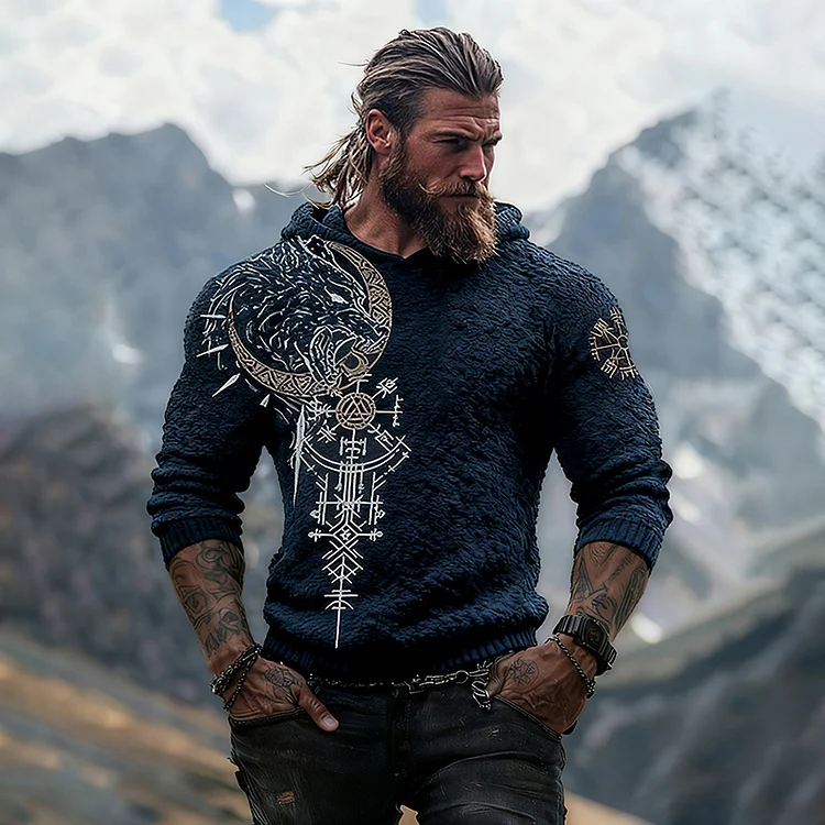 Viking Wolf Runes Design Men's Flannel Hoodie Sweater