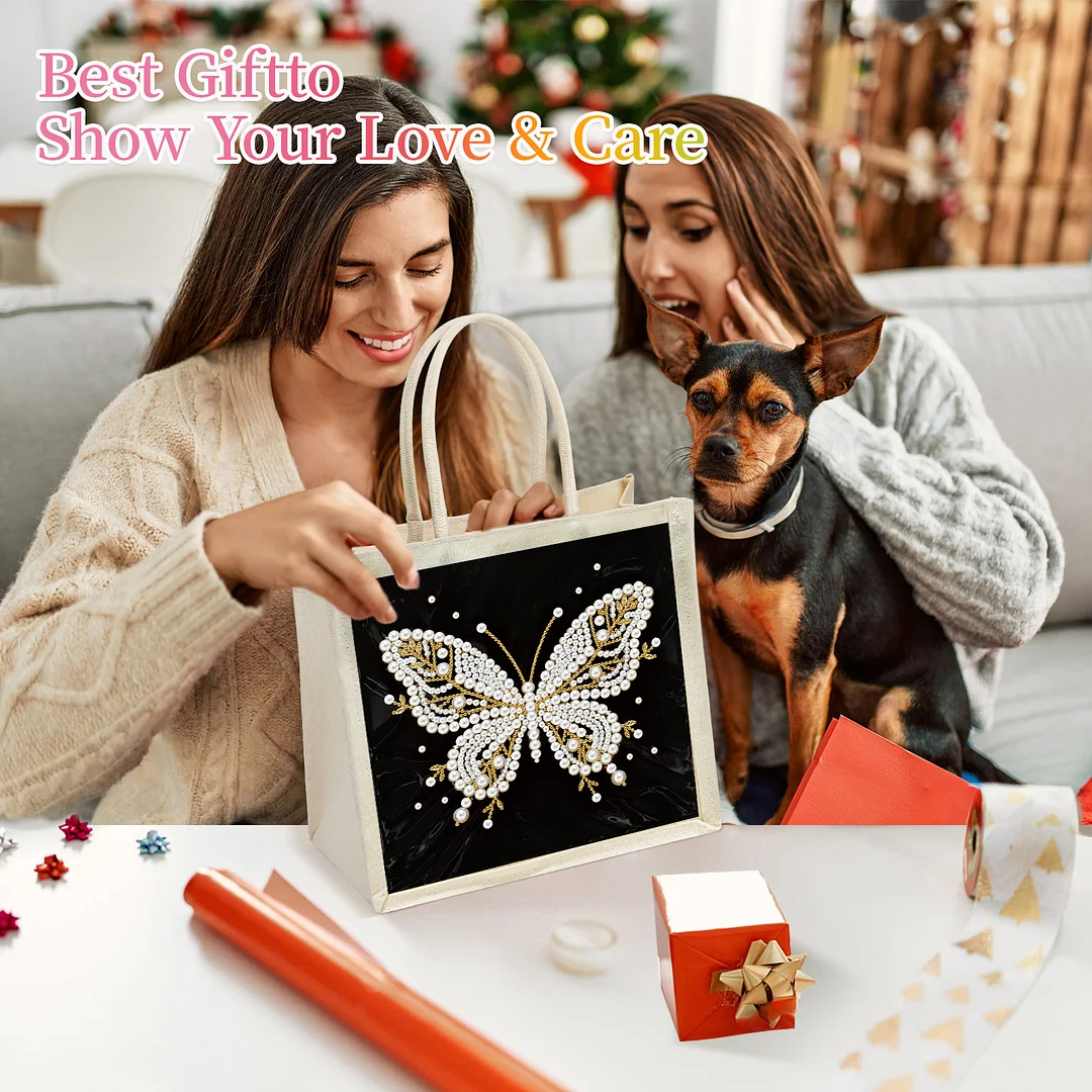 Pearl Butterfly DIY Diamond Painting Shopping Bag Crystal Painting Linen Tote Bags Waterproof Multi-Pocket Diamond Tote Handbag Large Capacity for Adults Beginners