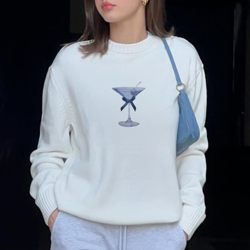 Ddmcloud costumes for womens carnival Loose Knit Women's Sweater Fashion Wine Glass Long Sleeve Pullover 2024 Autumn New Casual Lady Tops Knitwear Streetwear Jumper