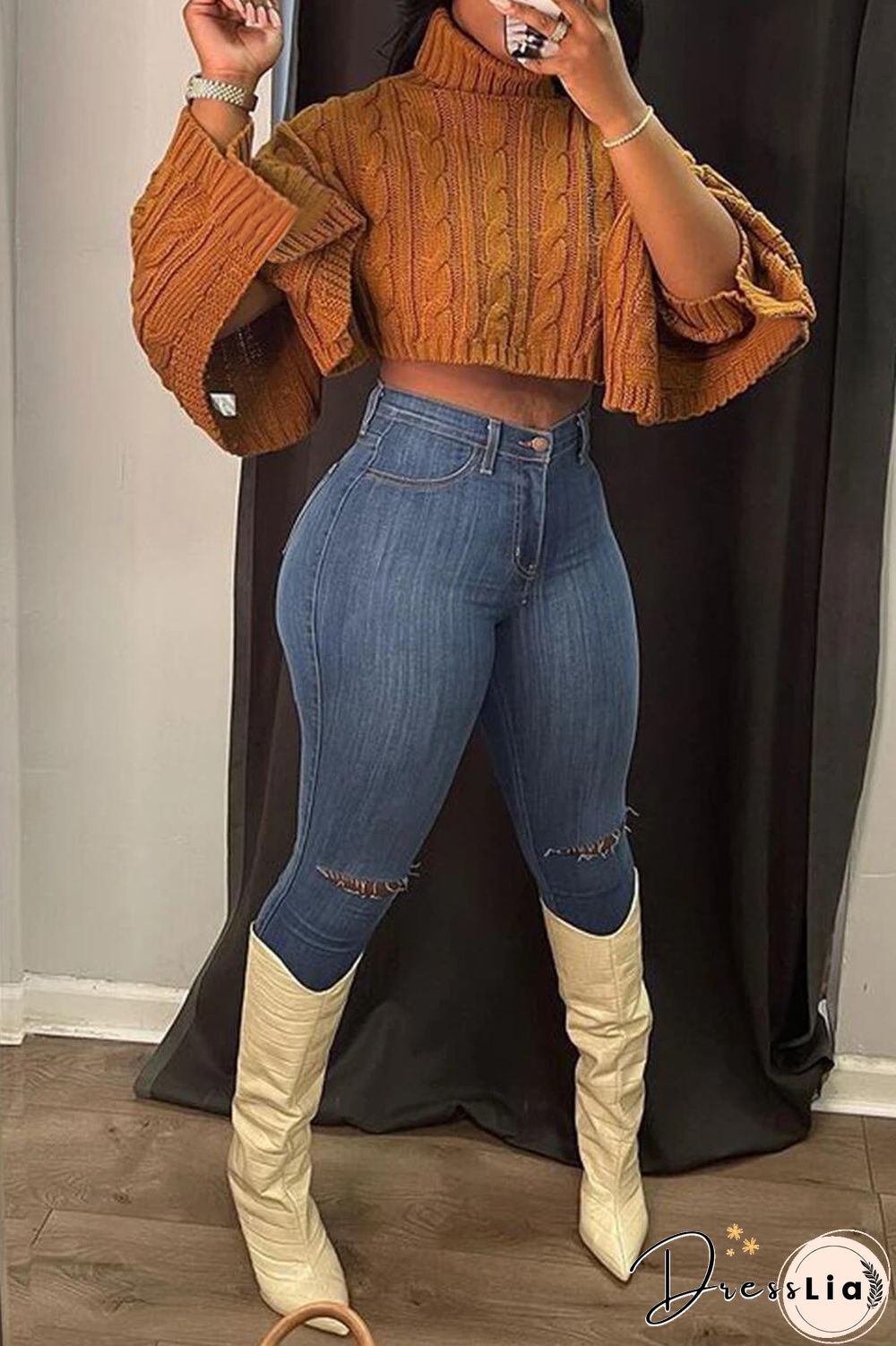 Solid Color Turtleneck Bat Sleeve Sweater Crop Top