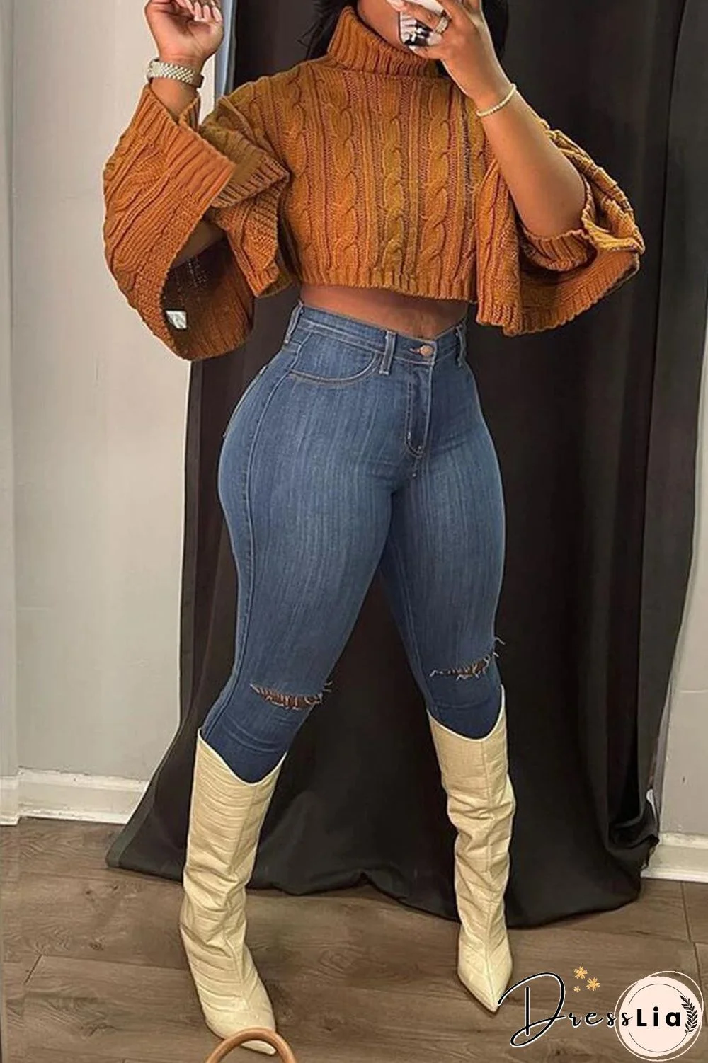 Solid Color Turtleneck Bat Sleeve Sweater Crop Top