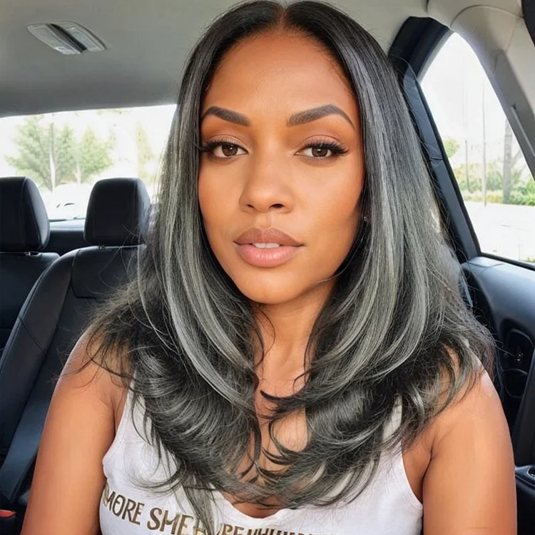 Salt & Pepper Layered Cut | Natural Wavy Curtain Bangs  5x5 Lace Closure Wig