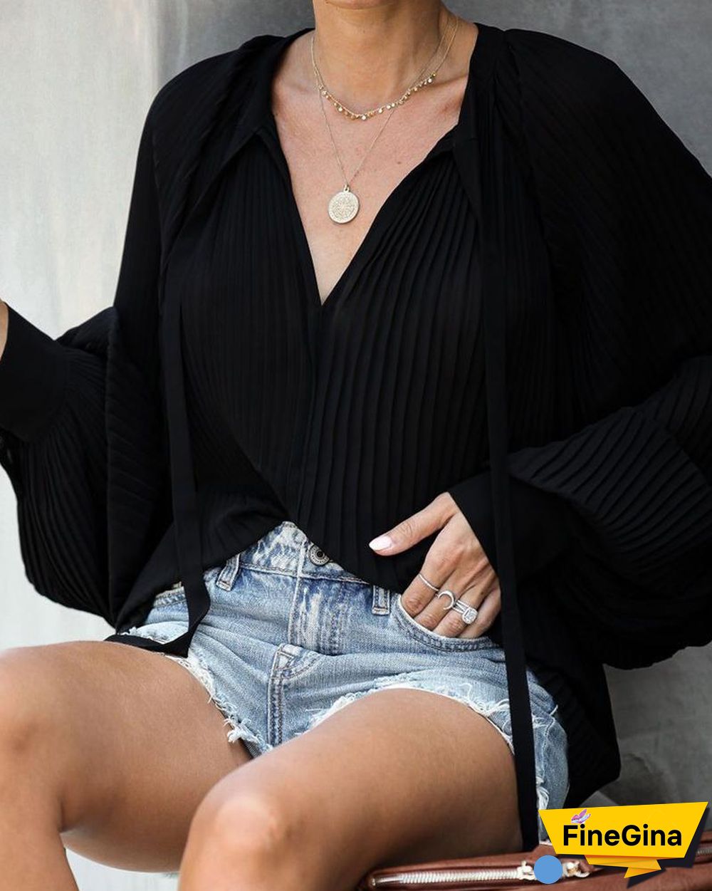 Solid V-Neck Ruched Detail Casual Blouse P15338