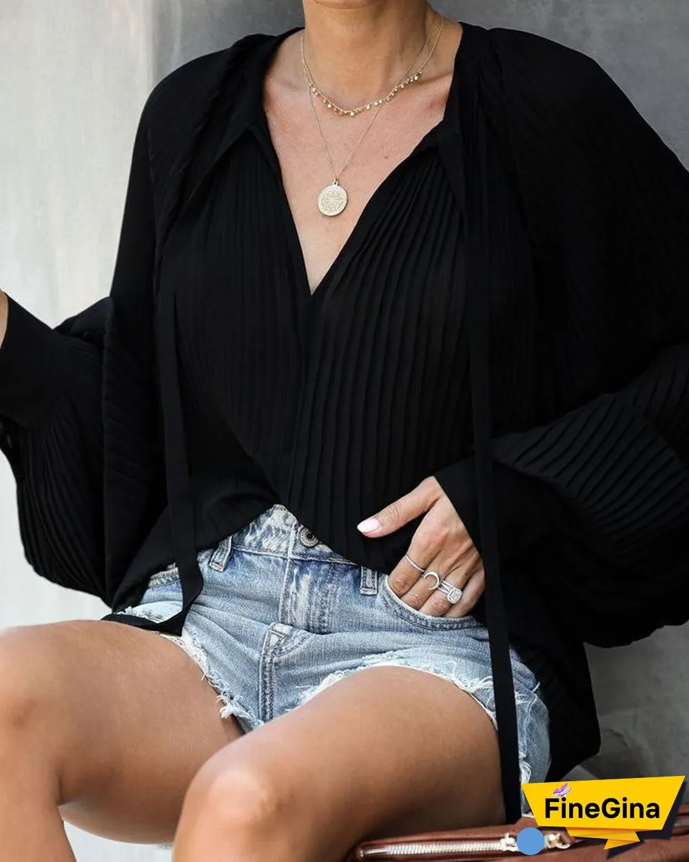 Solid V-Neck Ruched Detail Casual Blouse P15338