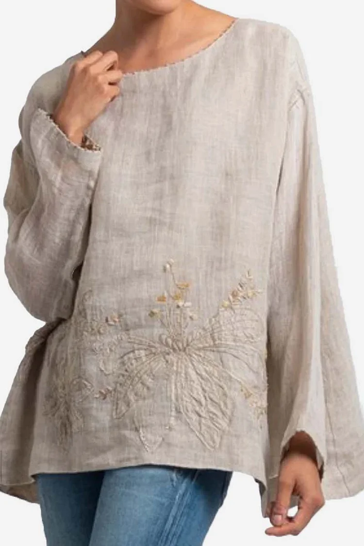 Crewneck Embroidered Beige Linen Top