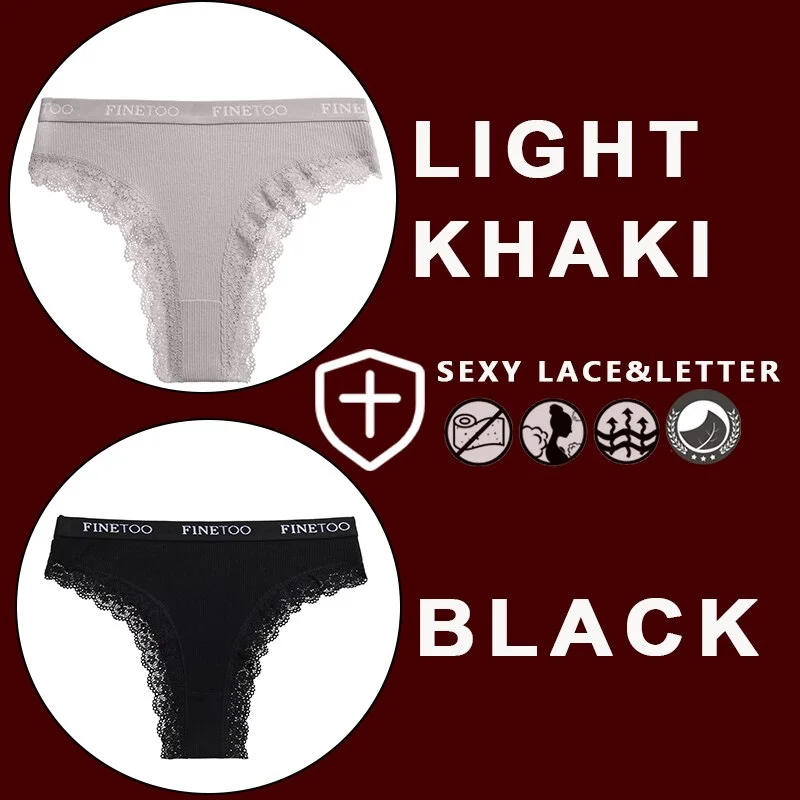 FINETOO 2PCS/Set Women's Cotton Panties Girls Letter Thongs Brazilian Pantys Sexy Lace Underwear For Woman Lingerie Bikini Panty