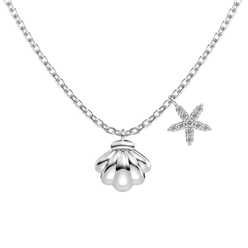 925 Sterling Silver Zircon Plating Inlay Scallop Starfish Pendant Necklace