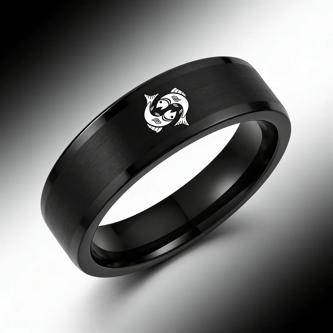 Pisces Tungsten Carbide Rings Black Flat Wedding Bands Comfort Fit Mens and Womens 4MM 6MM 8MM