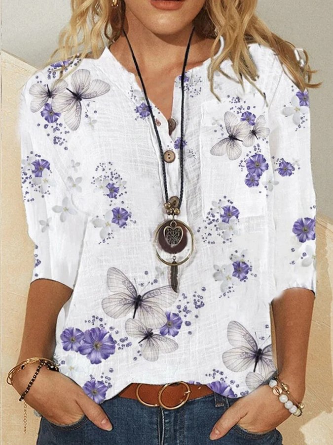 Women's Printed Stand Collar Long Sleeve  Loose Shirt