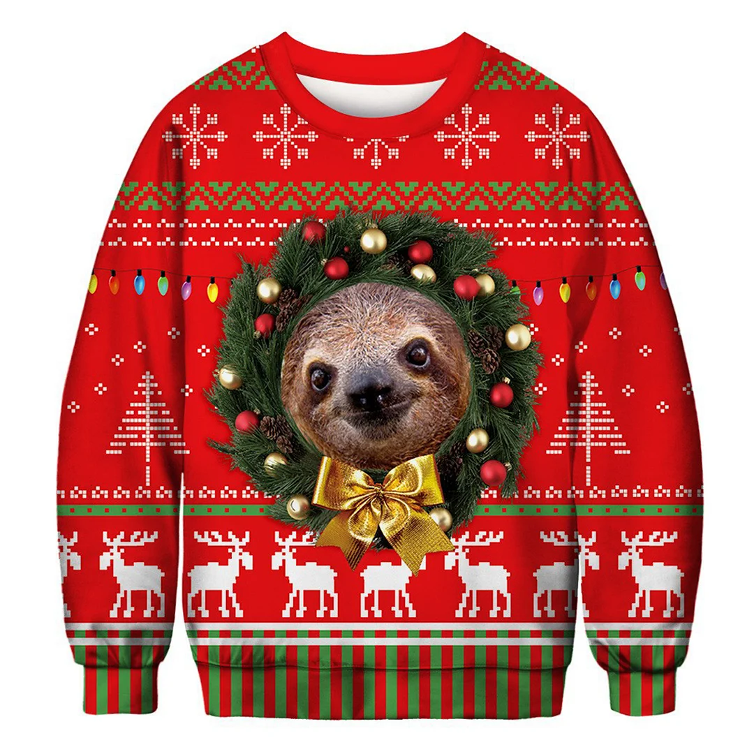 Unisex 3D Animal Sloth Print Christmas Sweatshirt、、URBENIE