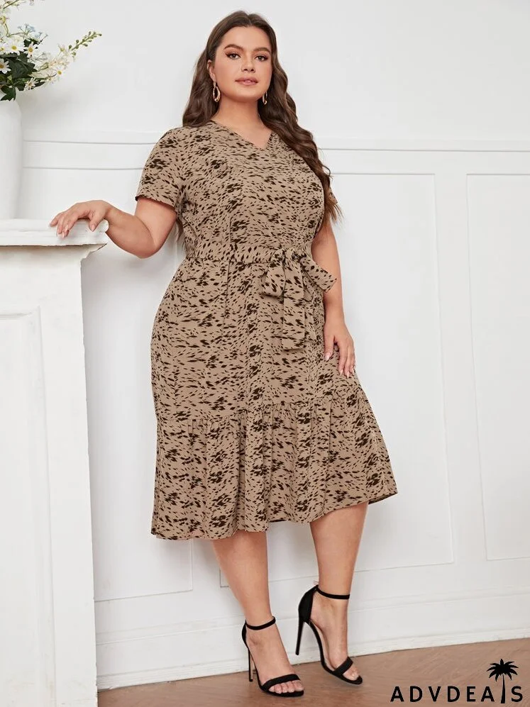 Plus Allover Print Ruffle Hem Belted Dress