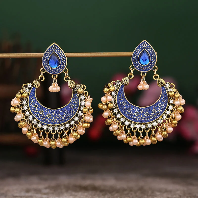 Moon Alloy Earrings Exaggerated Vintage Indian Style Hollow Bell Pendant