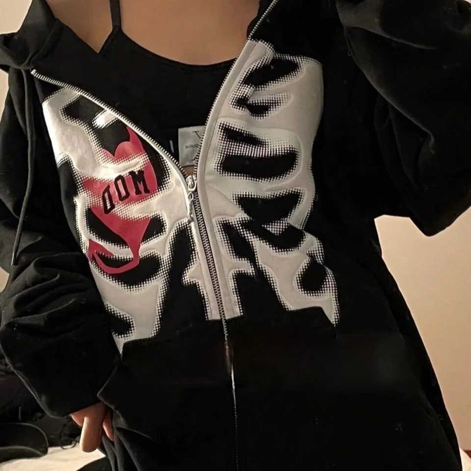 Zip-Up Y2K Harajuku Hoodie Women Skull Print Goth Grunge Long Sleeve Hooded Coat Autumn Retro Gothic Oversized Sweatshirts Tops