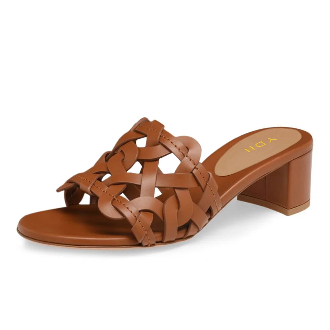 Brown Vegan Leather Woven Block Heel Slide Shoes for Women