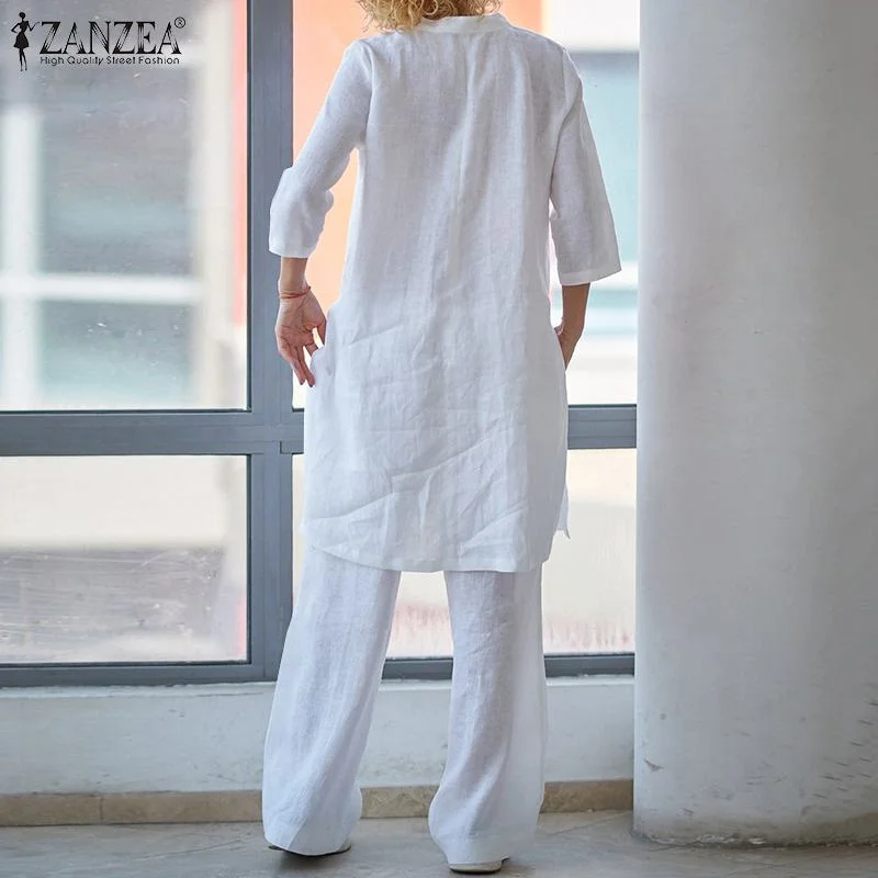 2PCS Autumn Matching Sets Women Fashion Solid 3/4 Sleeve Blouse Casual Loose Wide Leg Trousers Cotton Pant Sets Oversize Suits