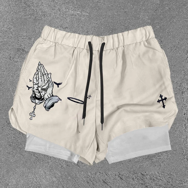 Praying Hands & B Print Graphic Double Layer Shorts