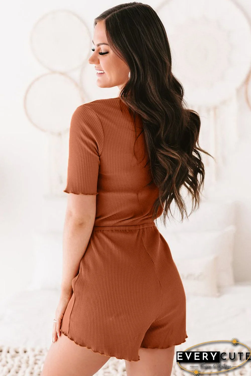 Ribbed Ruffled Button V Neck Drawstring High Waist Romper