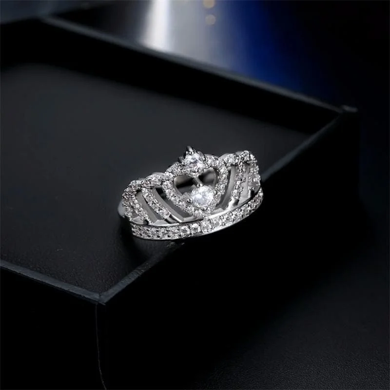 Silver Rings Crystal Heart Rings Women's Crown  Zircon Ring SP13746