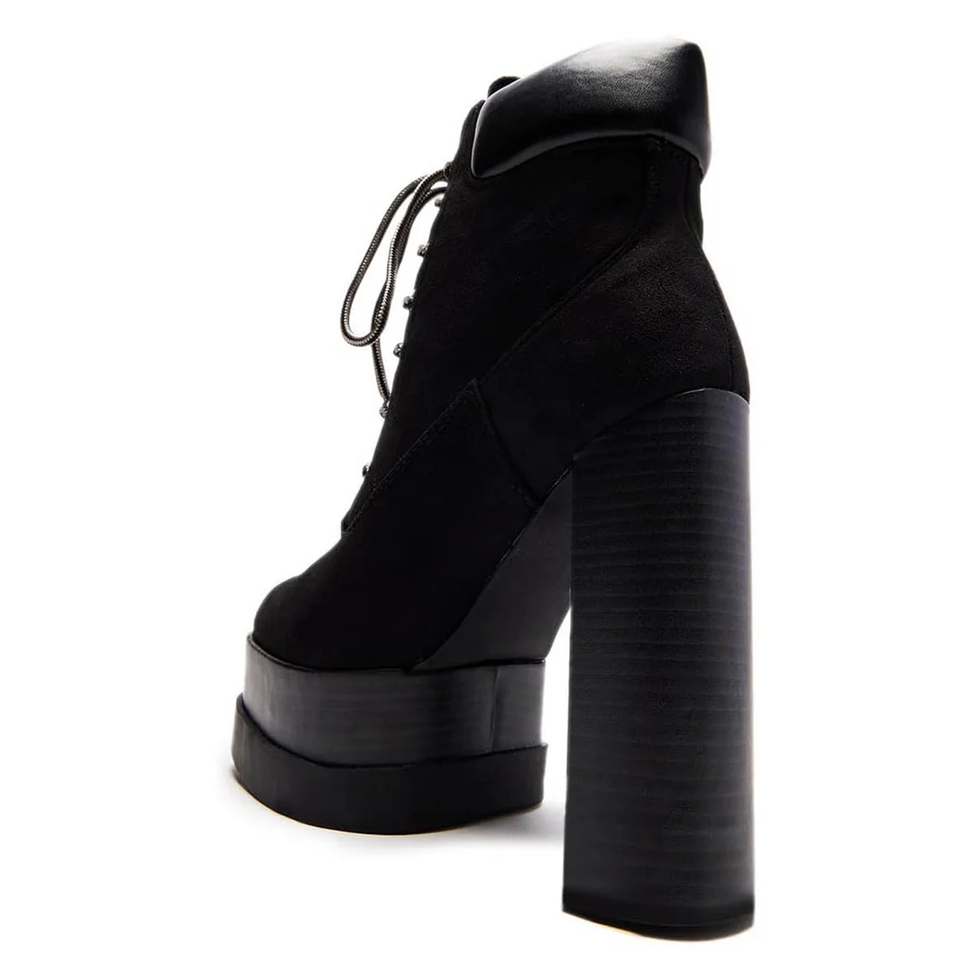 Black Vegan Suede Round Toe Platform Lace-Up Booties for Women