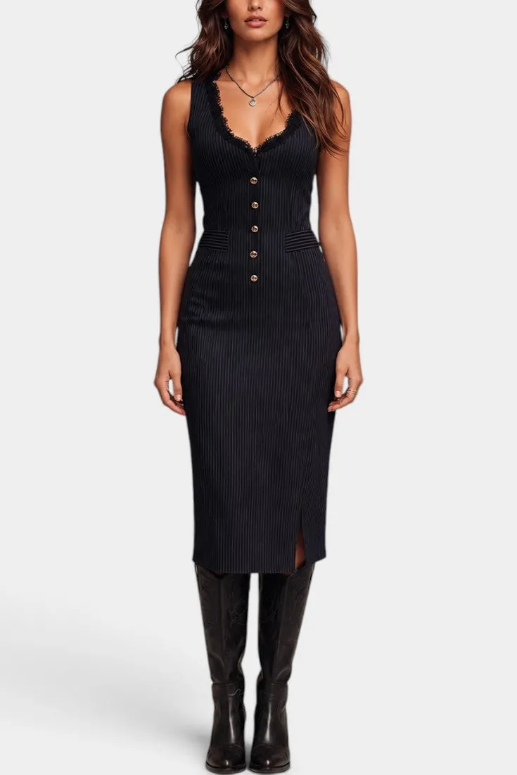 Striped Button-Front Midi Dress with Lace V-Neck