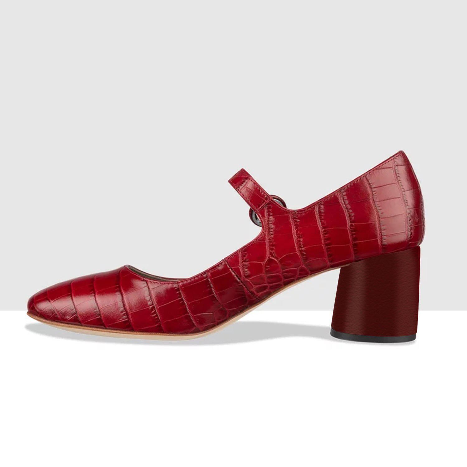 GOOSHOE Red Crocodile Embossed Pumps Women Cute Square Toe High Round Heels Party Buckle Strap Shoes Size 13 14