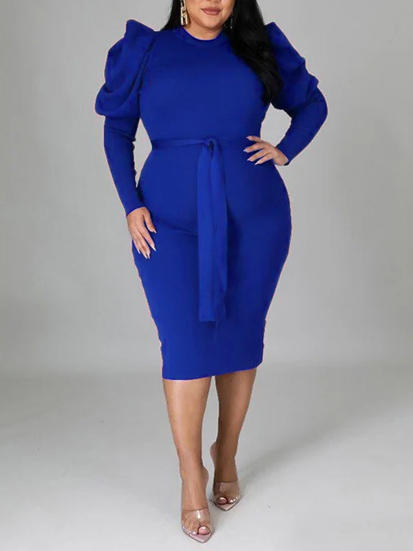Solid Color Tied Waist High Waisted Long Sleeves Round-Neck Midi Dresses
